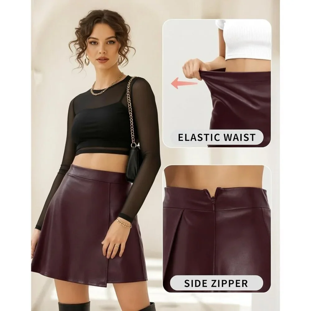 Women's Wine Red High Waist A Lined Faux Leather Trendy Outfit Mini Short Skirts